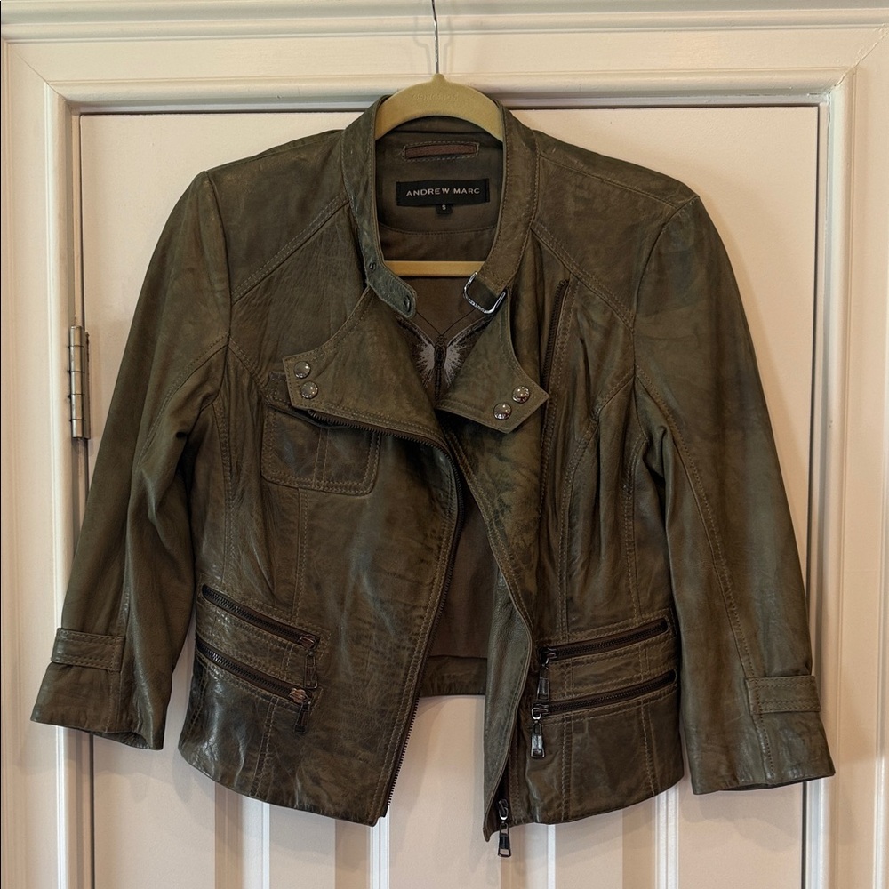 Andrew Marc Army Green Leather Jacket - Size Small